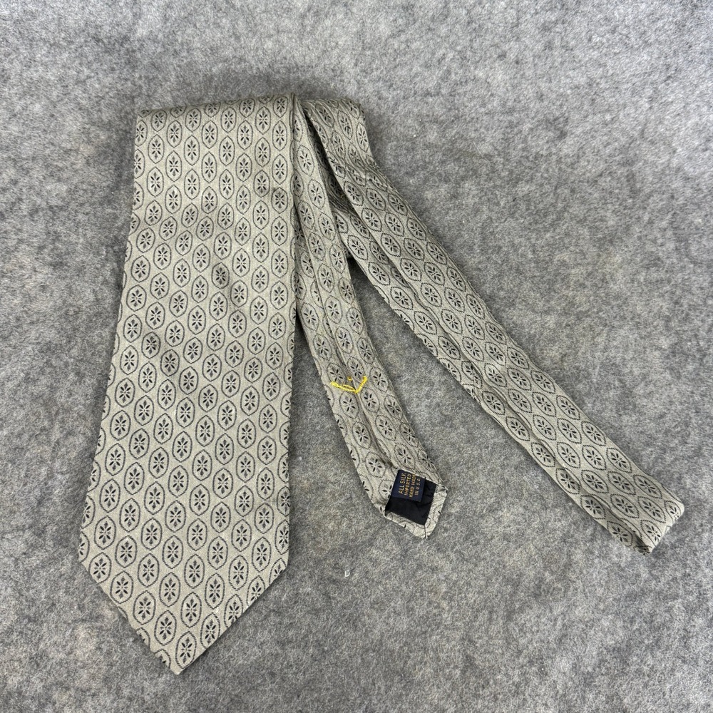XMI Signature Mens Silk Tie Tan Black Geometric Medallion Hand Made USA 3.75"